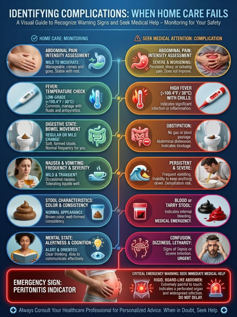 Infographic showing home care monitoring and complications requiring medical attention, with icons and text descriptions.