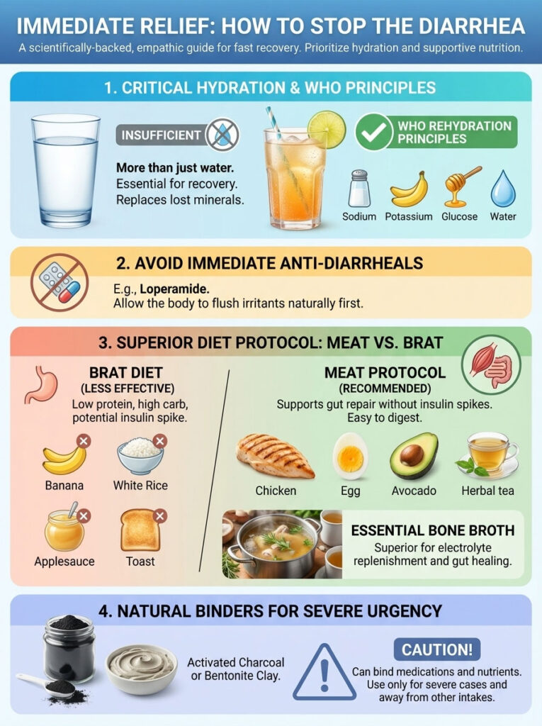 Infographic on stopping diarrhea with hydration, diet protocols, and natural binders, featuring charts and icons.