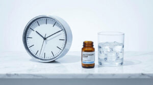 A round clock, a bottle of Levothyroxine Sodium, and a glass of ice water on a marble surface.