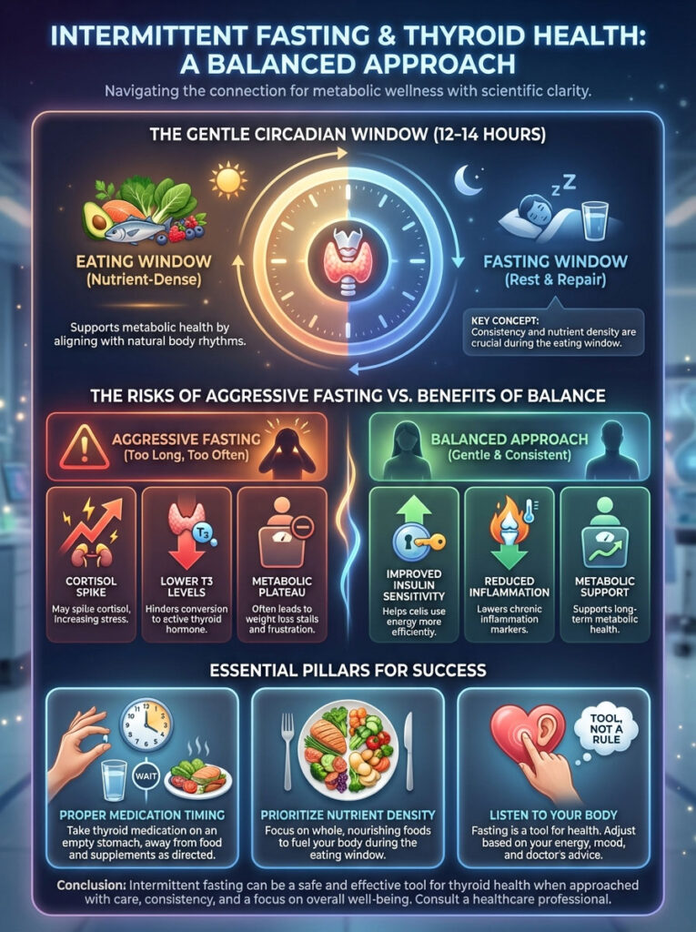 Infographic on intermittent fasting and thyroid health, showing eating and fasting windows, risks, benefits, and essential pillars for success.