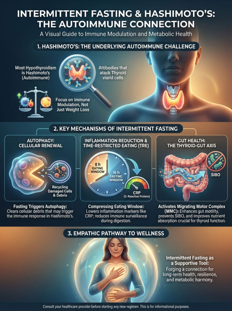 Infographic on intermittent fasting and Hashimoto's, showing mechanisms, benefits, and health connections.