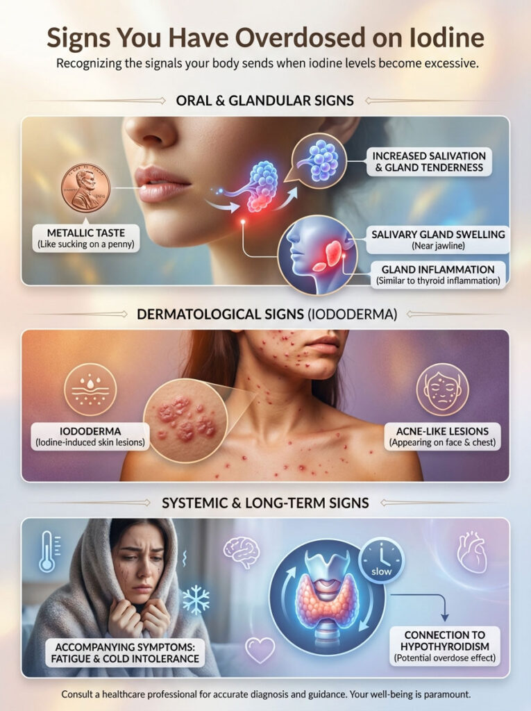 Infographic showing signs of iodine overdose, including oral, dermatological, and systemic symptoms with illustrations.