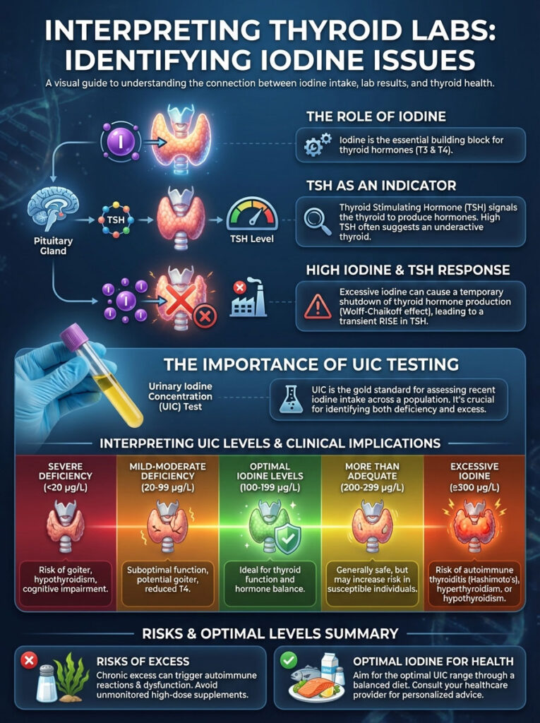 Infographic explaining iodine's role in thyroid health, TSH levels, and urinary iodine concentration testing.