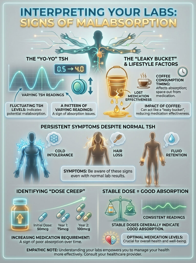 Infographic showing signs of malabsorption with TSH readings, symptoms, and medication dosage information.