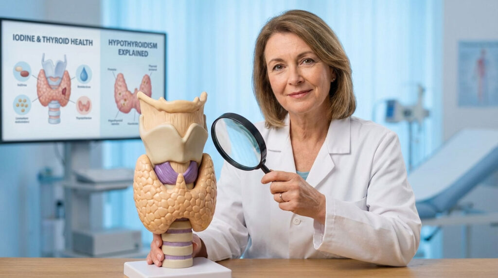 A female doctor holds a magnifying glass over a thyroid model in a medical office setting.