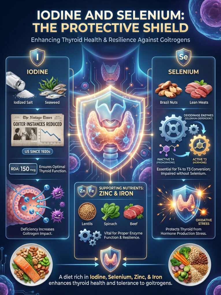 Infographic showing iodine and selenium benefits for thyroid health, with charts, food sources, and nutrient details.