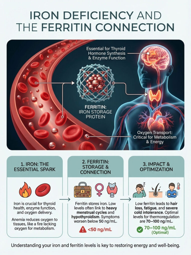 Infographic showing iron deficiency, ferritin connection, and health impacts with illustrations and text descriptions.