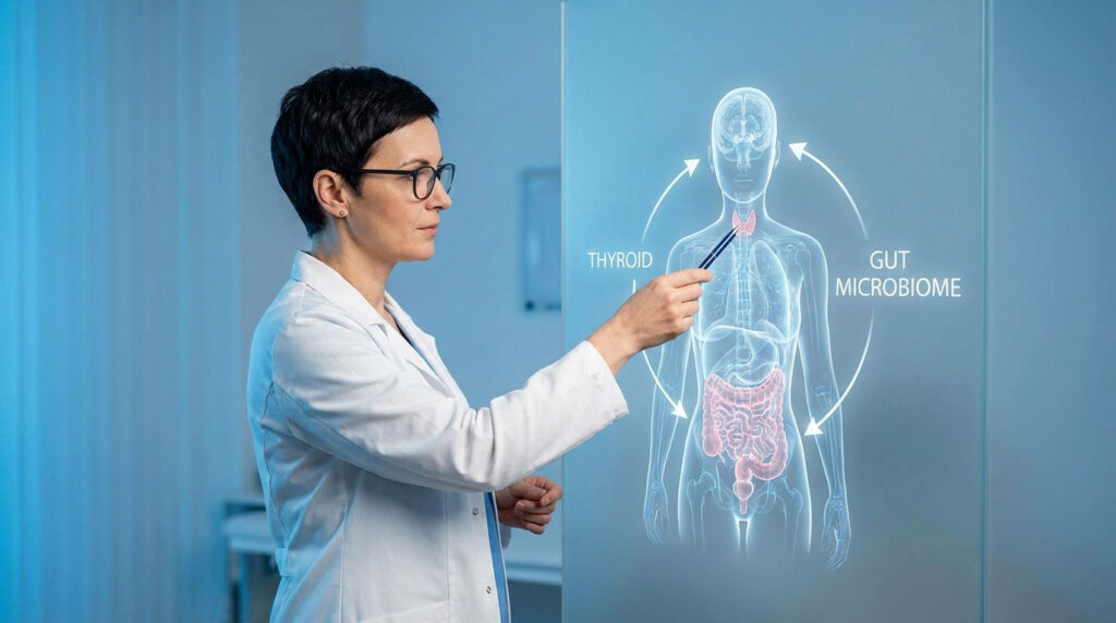 A medical professional points to a holographic diagram of the human body highlighting the thyroid and gut microbiome.