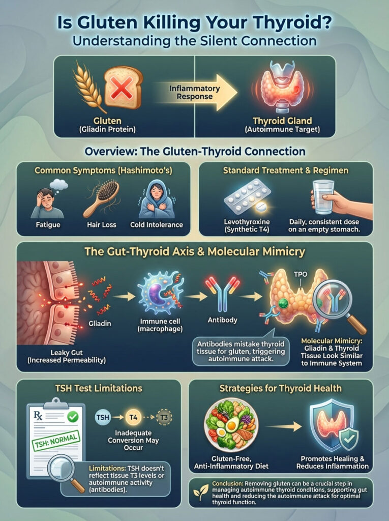 Infographic explaining the gluten-thyroid connection, symptoms, treatment, and strategies for thyroid health.