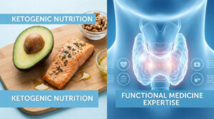A wooden board displays salmon, avocado, and walnuts with olive oil, labeled "Ketogenic Nutrition" and "Functional Medicine Expertise."