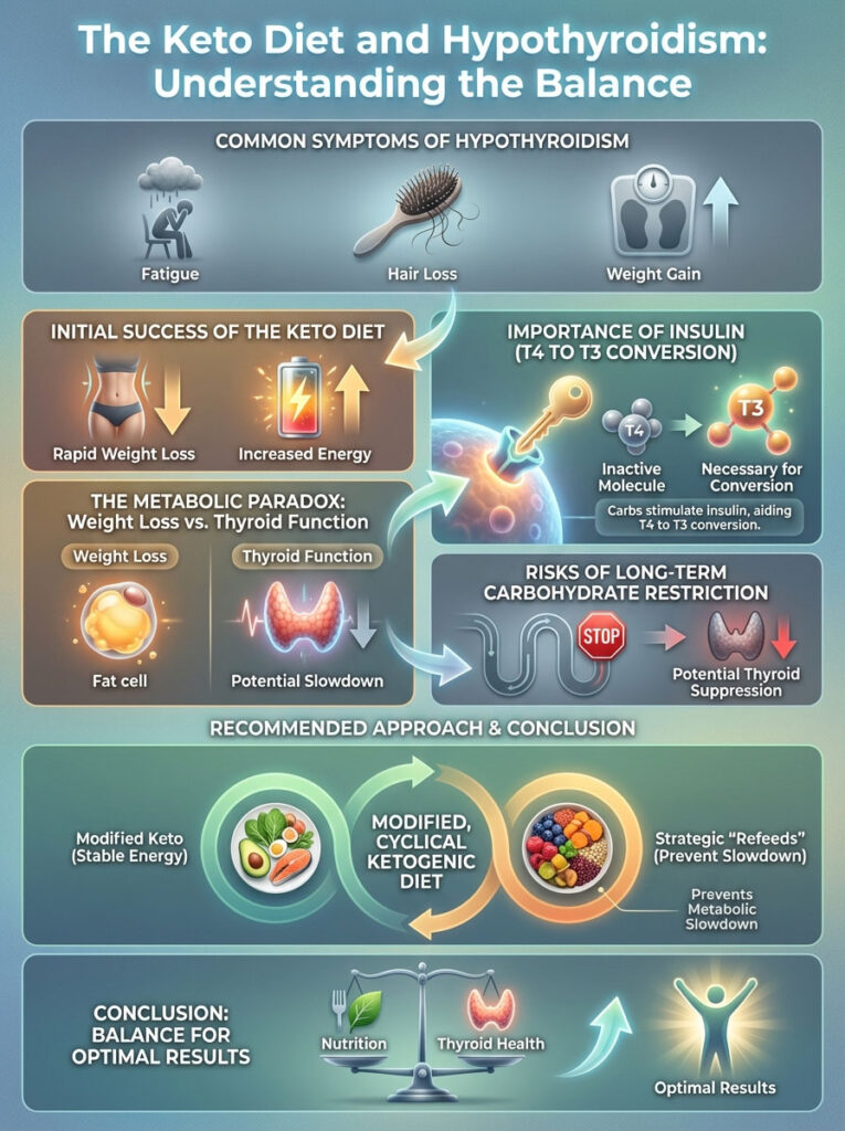 Infographic on the Keto Diet and Hypothyroidism, showing symptoms, diet success, insulin importance, and recommendations.