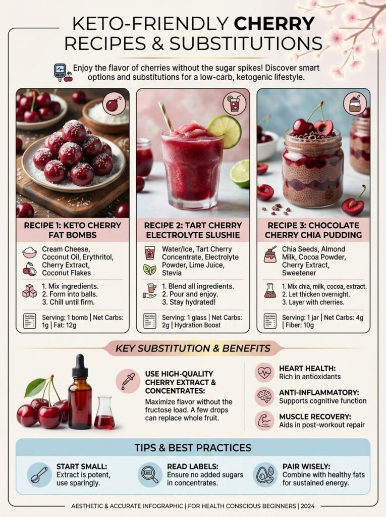 Infographic displaying keto-friendly cherry recipes with three recipes, ingredients, and health benefits listed.