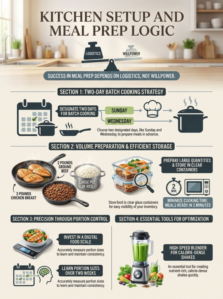 Infographic on kitchen setup and meal prep logic, detailing batch cooking, storage, portion control, and tools.