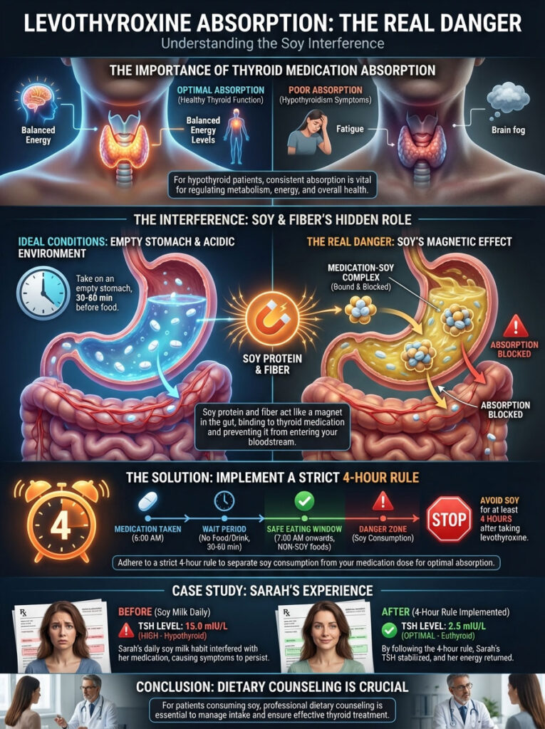 Infographic explaining levothyroxine absorption and soy interference, featuring charts and illustrations of the digestive system.