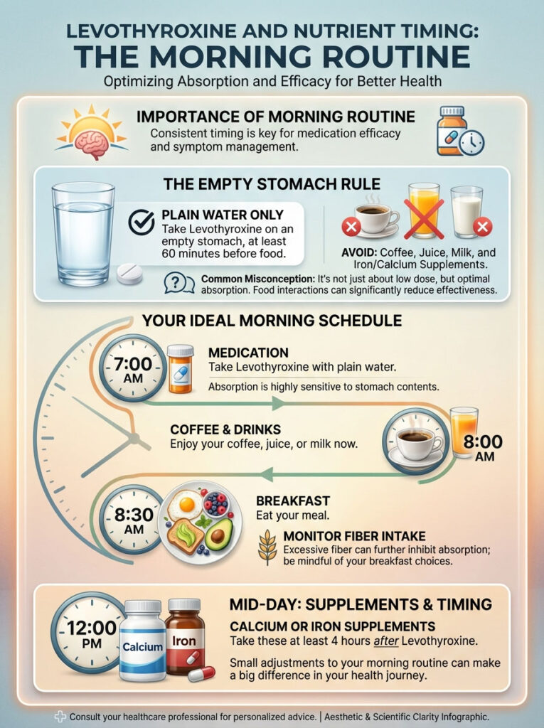 Infographic detailing Levothyroxine morning routine, including medication timing and dietary guidelines.