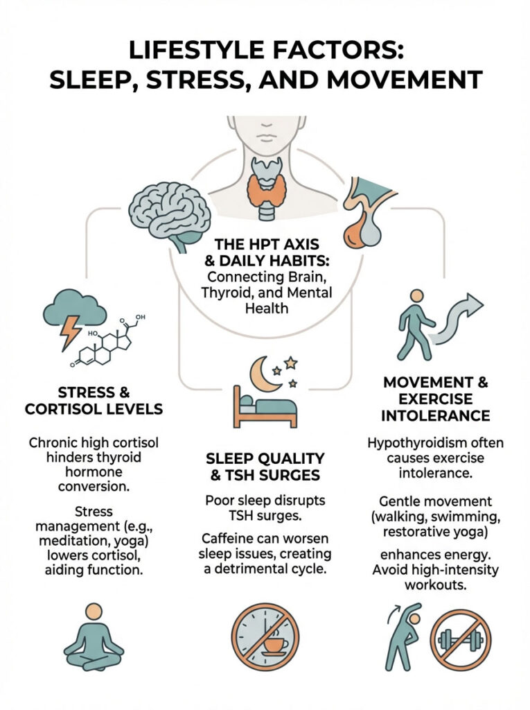 Infographic showing lifestyle factors affecting sleep, stress, and movement with icons and text explanations.