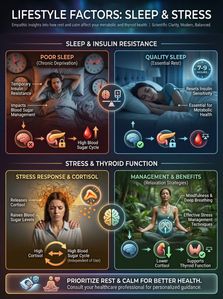 Infographic showing lifestyle factors affecting sleep, stress, insulin resistance, and thyroid health with illustrations and data points.