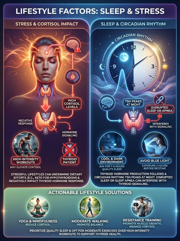 Infographic showing lifestyle factors affecting sleep and stress, including cortisol levels and thyroid health.