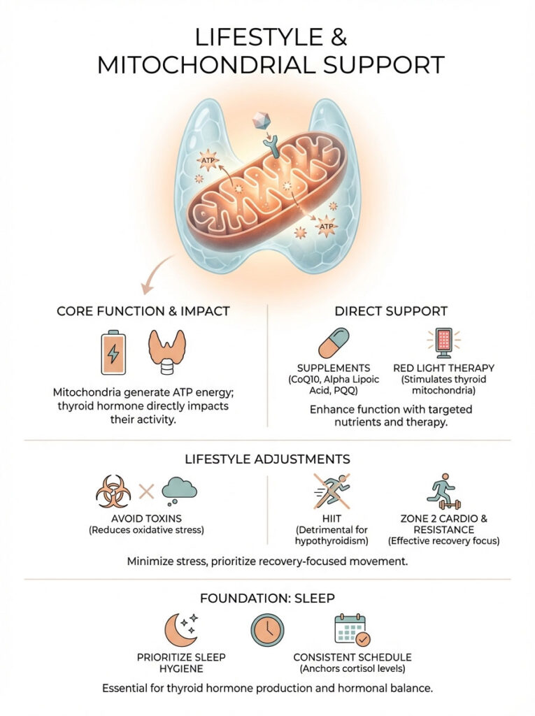 Infographic illustrating lifestyle and mitochondrial support with sections on core function, supplements, and sleep hygiene.