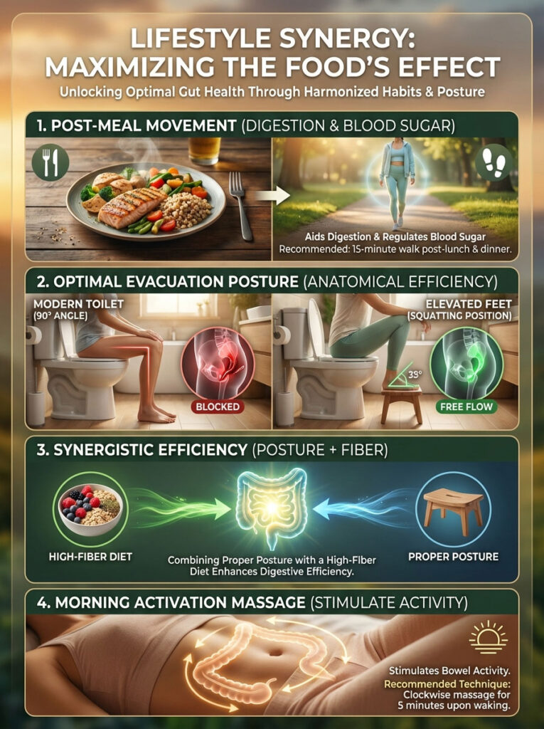 Infographic illustrating lifestyle synergy for gut health with post-meal movement, evacuation posture, fiber diet, and massage techniques.