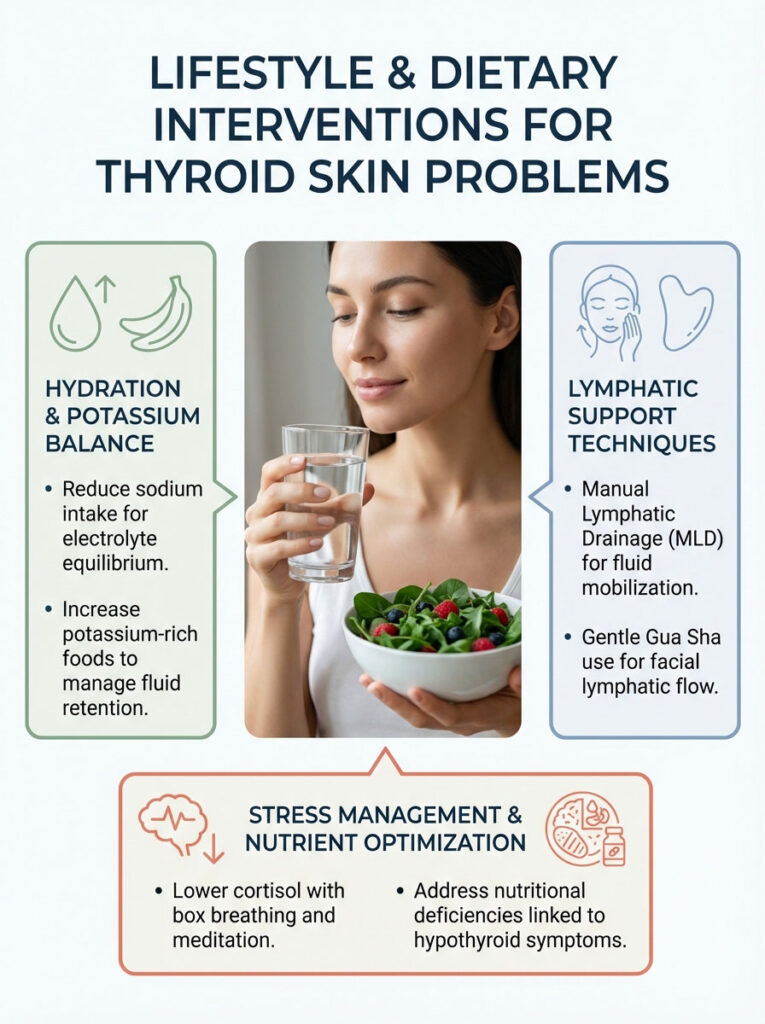 Infographic on thyroid skin problems with hydration, lymphatic support, and stress management tips.