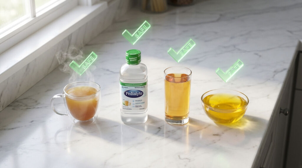 A steaming cup of tea, a bottle of Pedialyte, and two glasses of yellow liquid on a marble countertop.