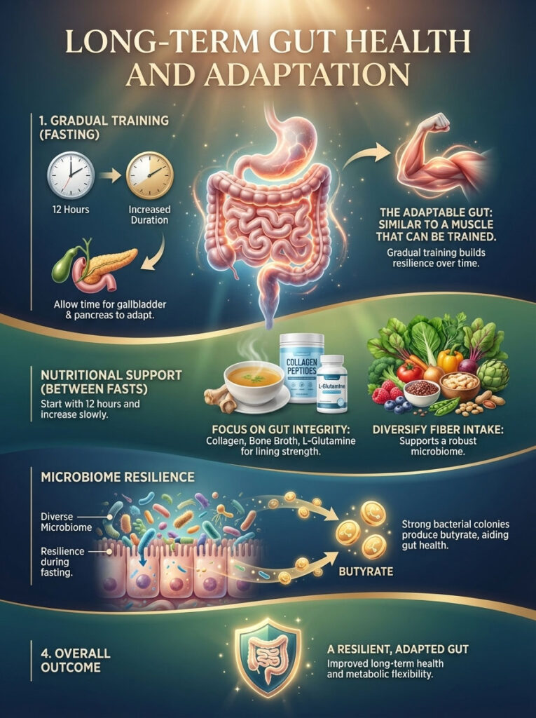 Infographic on long-term gut health featuring fasting, nutritional support, and microbiome resilience.