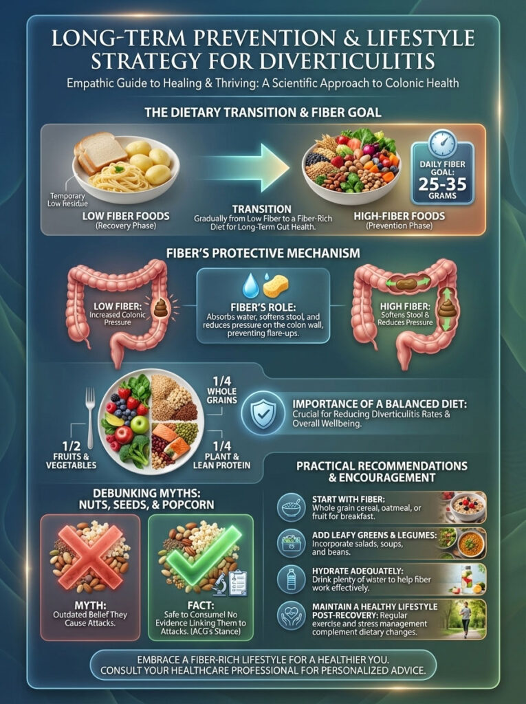 Infographic detailing dietary strategies for diverticulitis, including fiber goals, food categories, and recommendations.