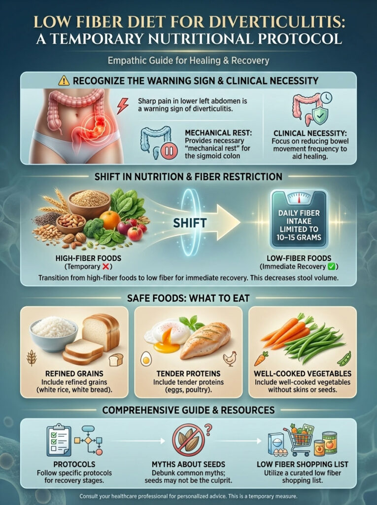 Infographic on low fiber diet for diverticulitis, showing dietary shifts, safe foods, and clinical guidance.