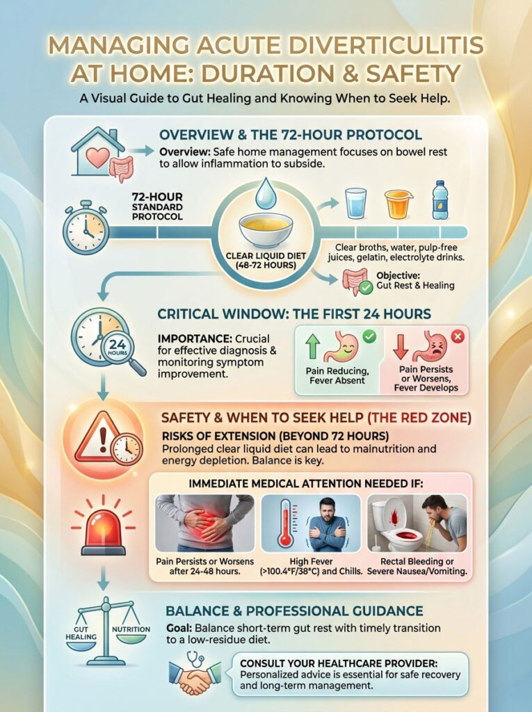 Infographic on managing acute diverticulitis at home, detailing protocols, symptoms, and when to seek help.