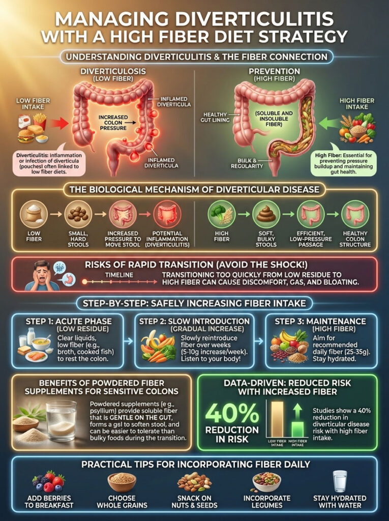 Infographic explains managing diverticulitis with a high fiber diet, showing steps and benefits of fiber intake.
