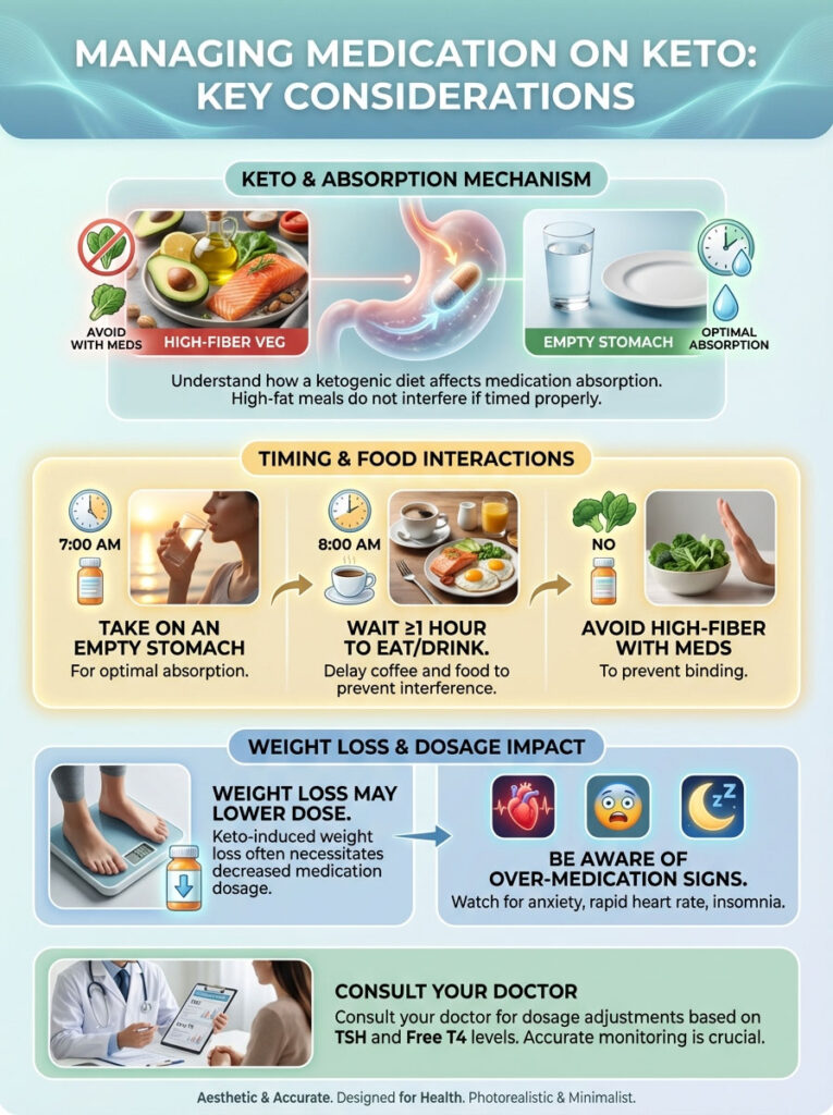Infographic on managing medications on a ketogenic diet, showing absorption tips, timing, and dosage impacts.