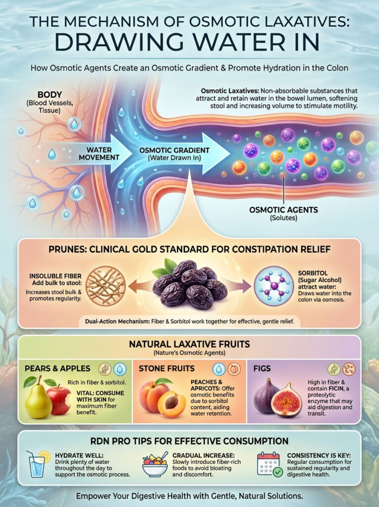 Infographic explaining osmotic laxatives, water movement, and natural laxative fruits with illustrations and data points.