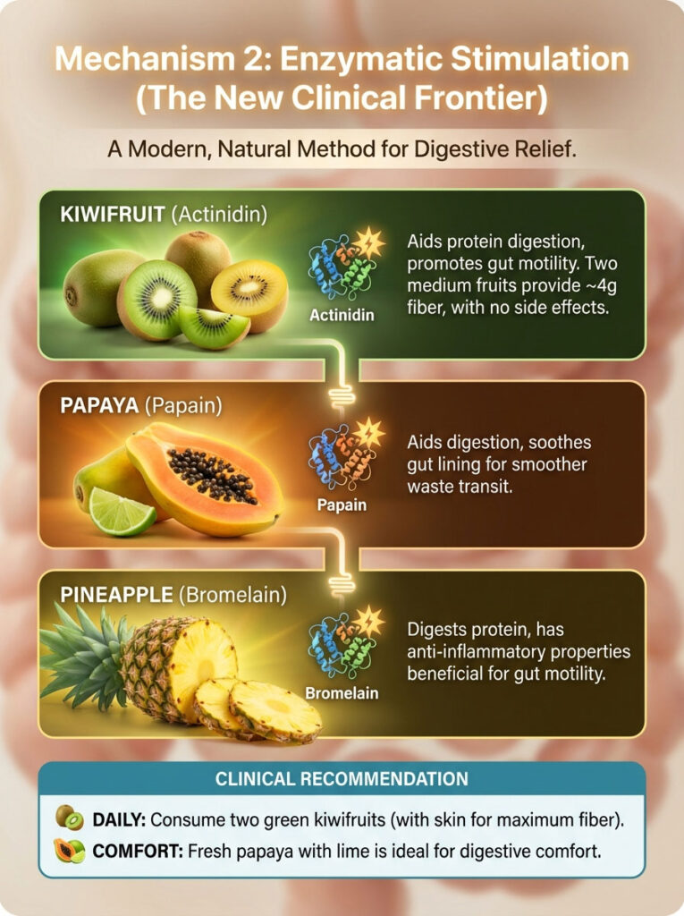 Infographic showing enzymatic stimulation benefits of kiwifruit, papaya, and pineapple for digestive relief.