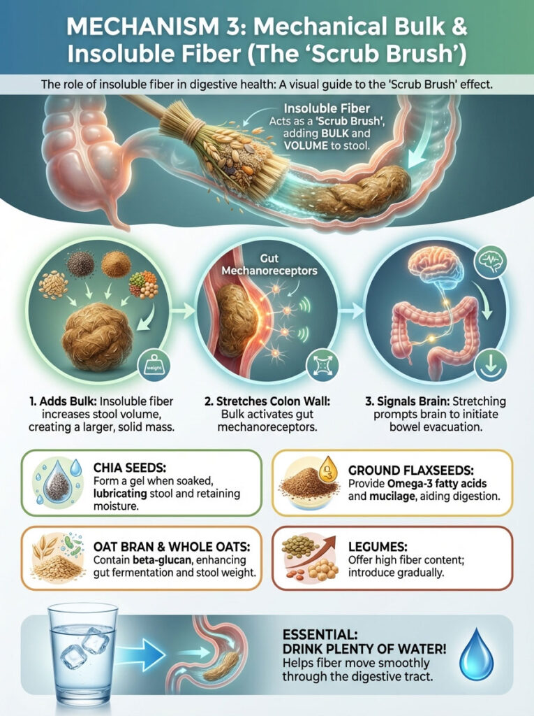 Infographic illustrating the role of insoluble fiber in digestion, showing bulk effects and gut mechanics.
