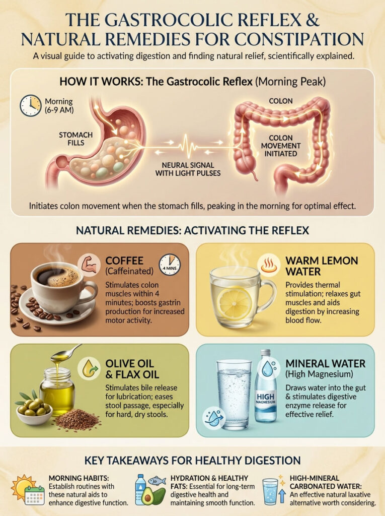 Infographic explaining the gastrocolic reflex and natural remedies for constipation, featuring charts and icons.