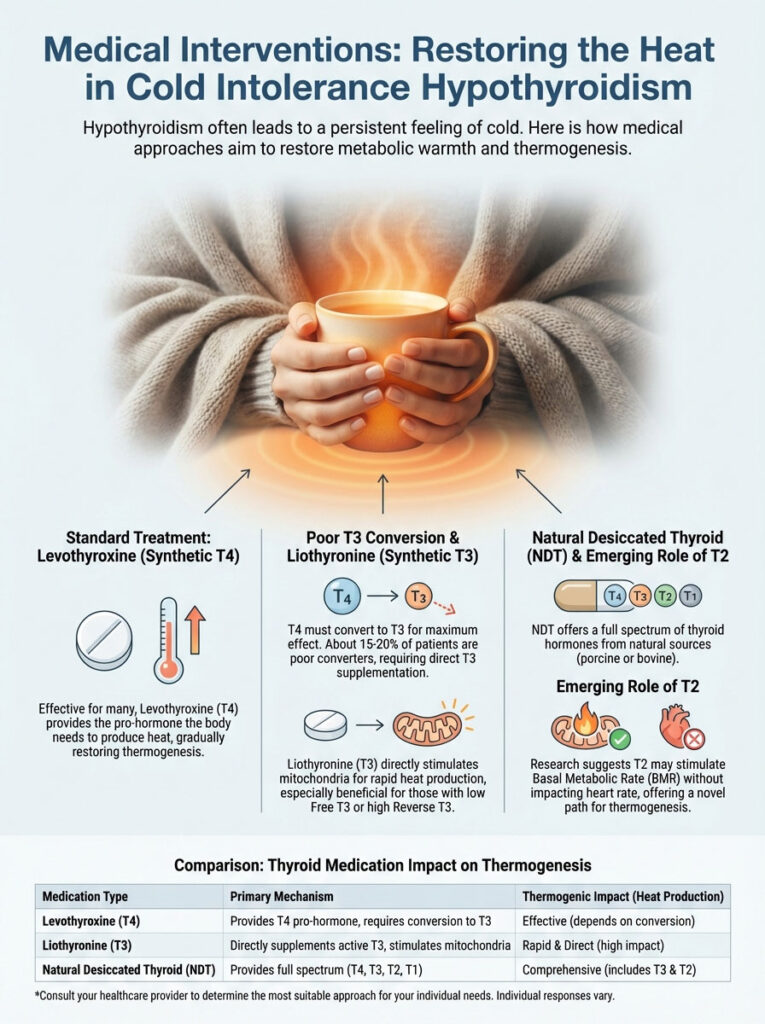 Infographic explaining medical interventions for cold intolerance in hypothyroidism, featuring treatments and their effects.