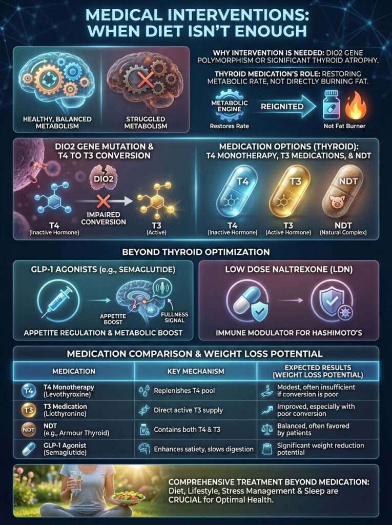 Infographic showing medical interventions for metabolism, thyroid medication options, and weight loss potential.