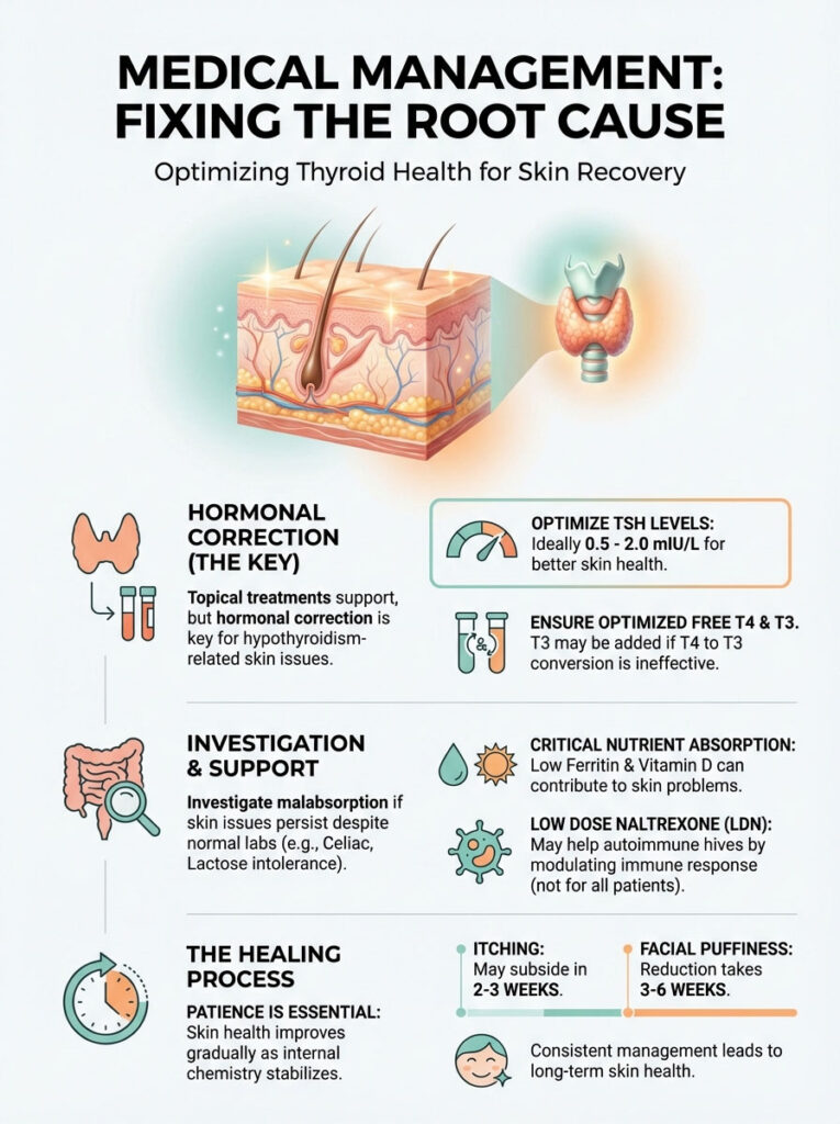 Infographic on optimizing thyroid health for skin recovery, detailing hormonal correction and nutrient absorption.