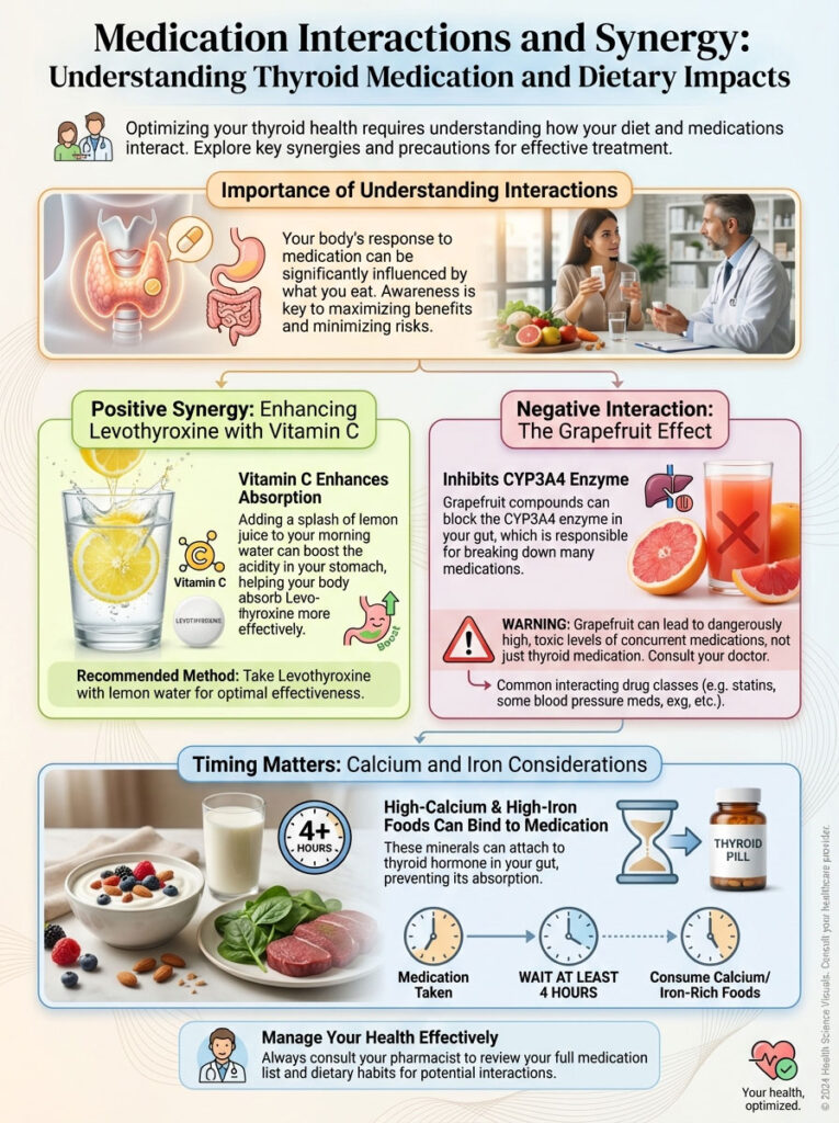 Infographic explaining thyroid medication interactions, highlighting Vitamin C and grapefruit effects on absorption.