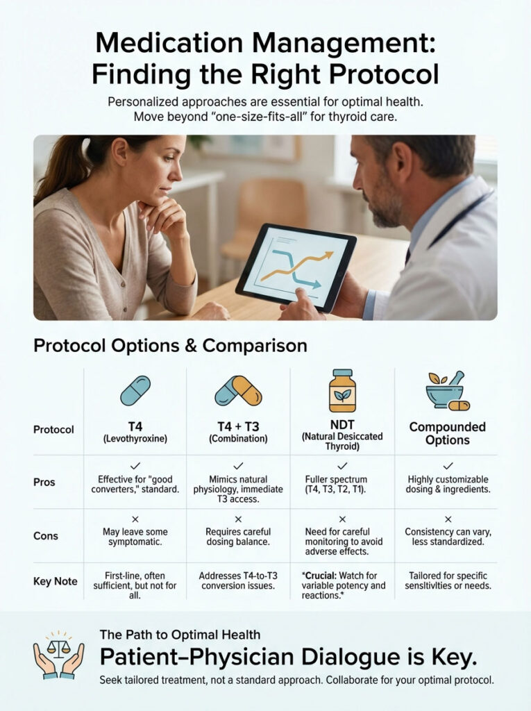 Infographic comparing thyroid medication protocols: T4, T4 + T3, NDT, and compounded options with pros and cons.