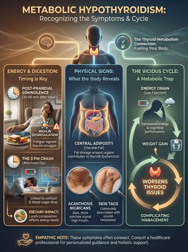 Infographic on metabolic hypothyroidism symptoms, featuring charts on energy, digestion, and physical signs.