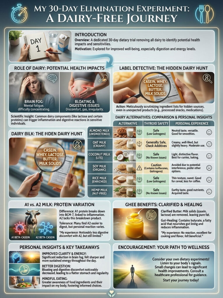 Infographic detailing a 30-day dairy elimination experiment, highlighting health impacts, dairy alternatives, and personal insights.