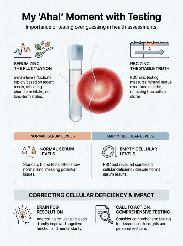 Infographic explaining serum zinc fluctuation vs. RBC zinc stability, highlighting health testing importance with illustrations.