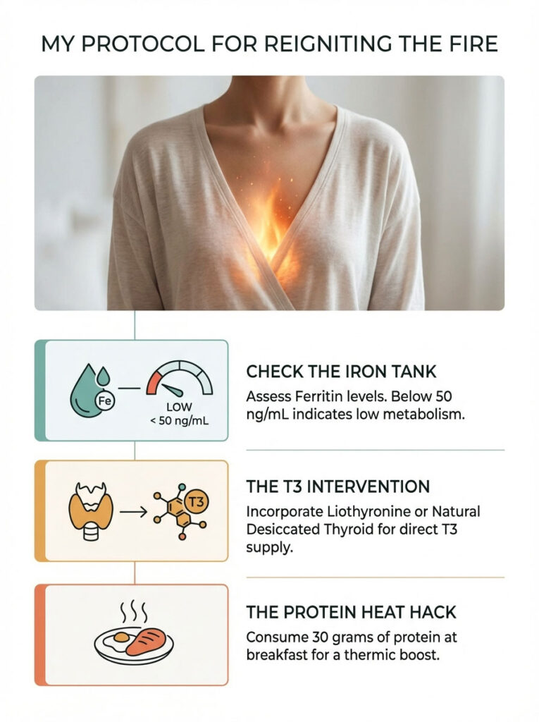 Woman with glowing chest, text on iron levels, T3 intervention, and protein intake for metabolism boost. Infographic.
