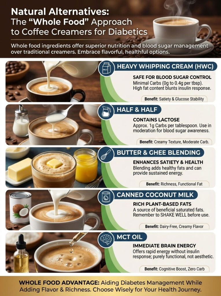 Infographic showing whole food coffee creamers for diabetics with benefits and nutritional information for each option.