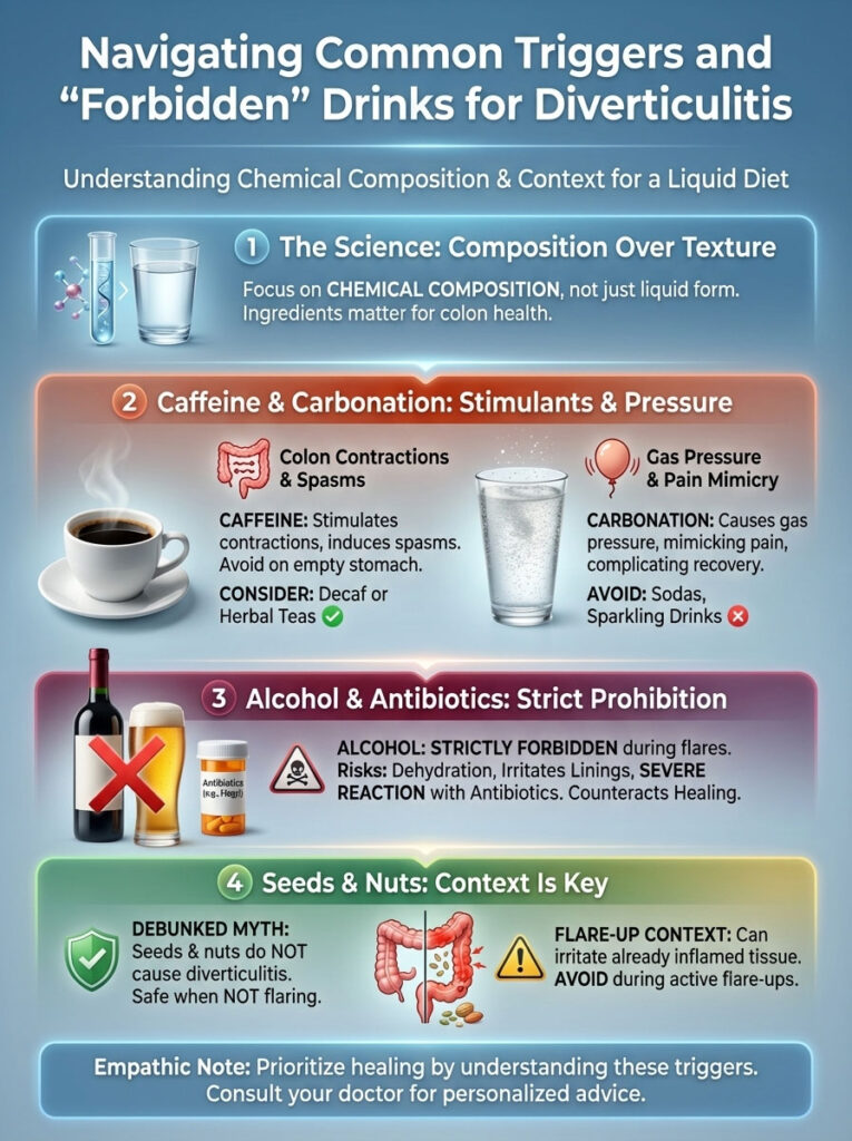 Infographic detailing drinks to avoid for diverticulitis, including caffeine, alcohol, and seeds with visual icons.