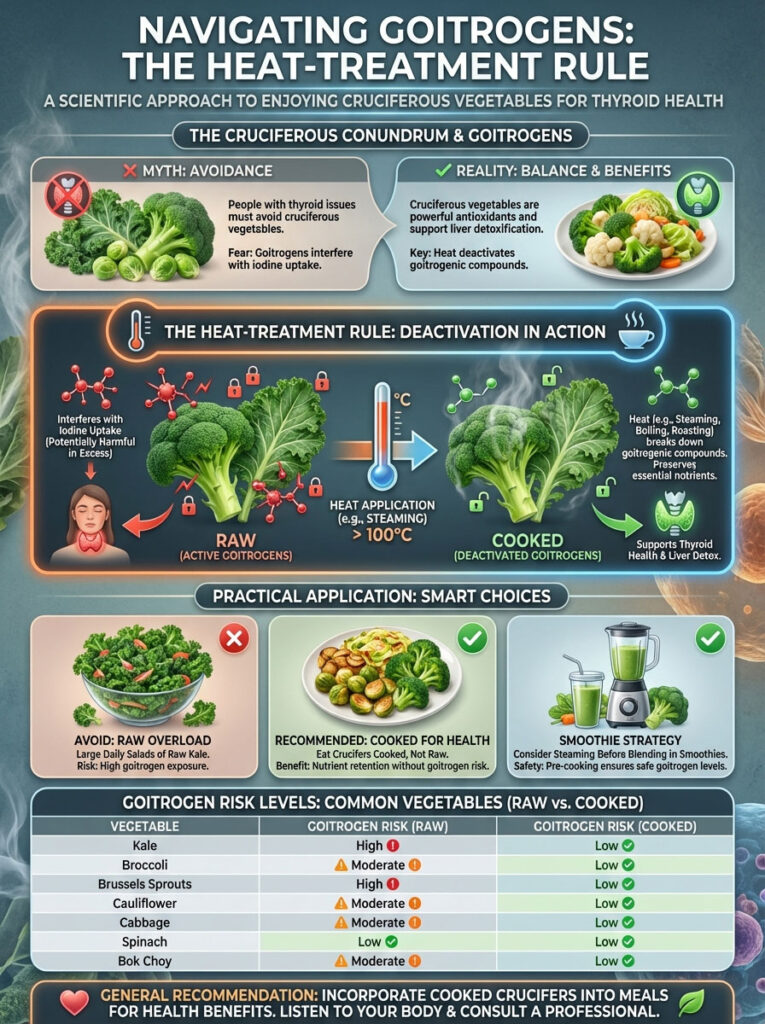Infographic explaining goitrogens in cruciferous vegetables, heat treatment effects, and cooking recommendations.