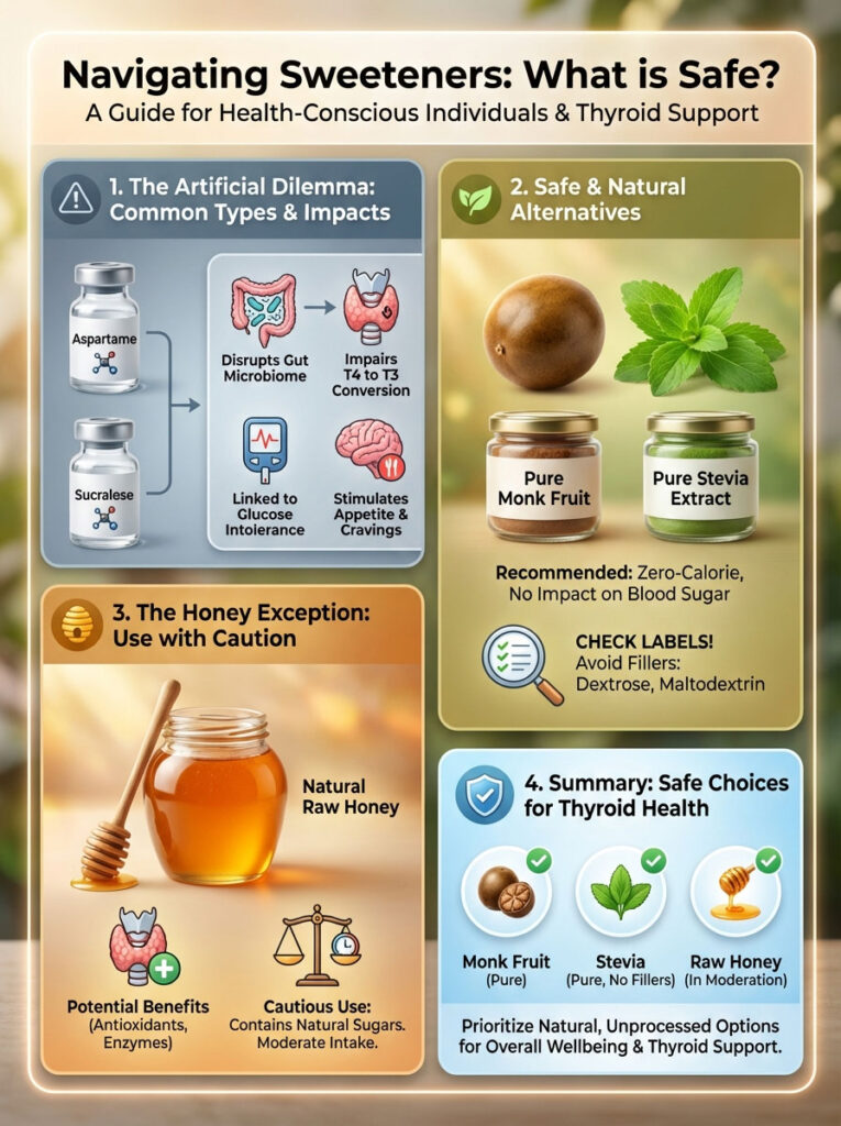 Infographic on sweeteners, highlighting types, impacts, and safe alternatives for thyroid health.