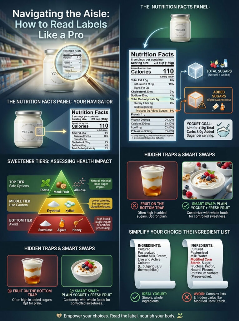 Infographic on reading food labels, featuring nutrition facts, sweetener tiers, and smart swaps for yogurt choices.